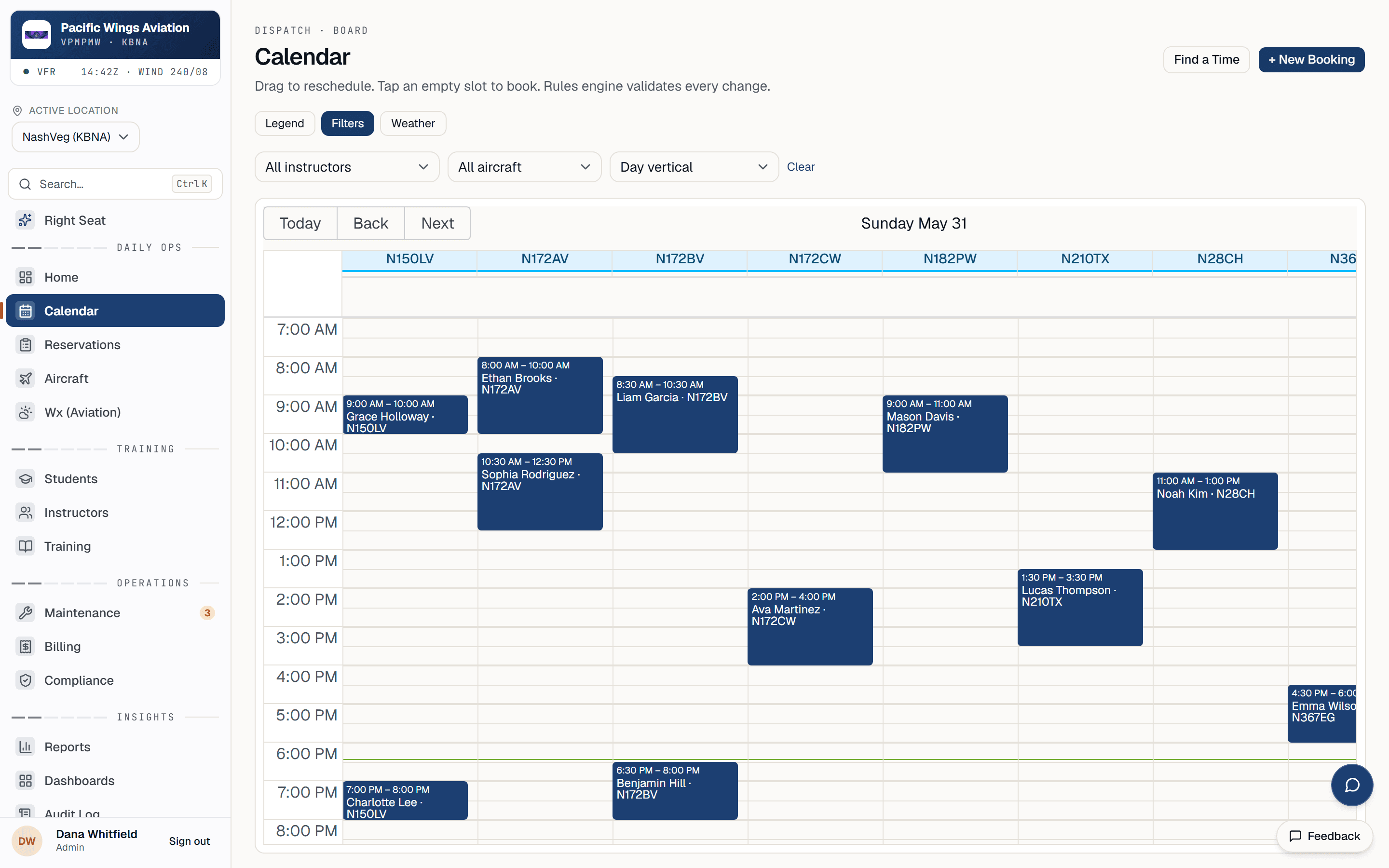 Av8Book dispatch calendar — resource view with the day's bookings across the fleet