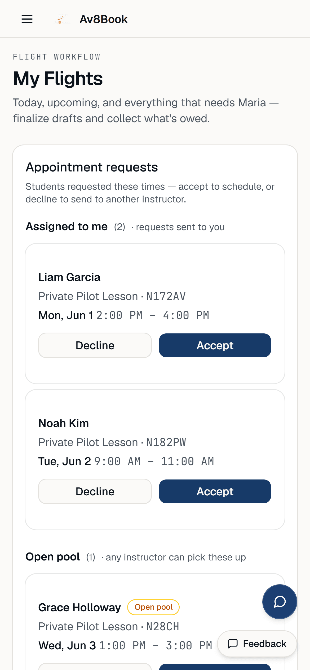 Instructor My Flights on a phone — today's schedule with complete-and-bill
