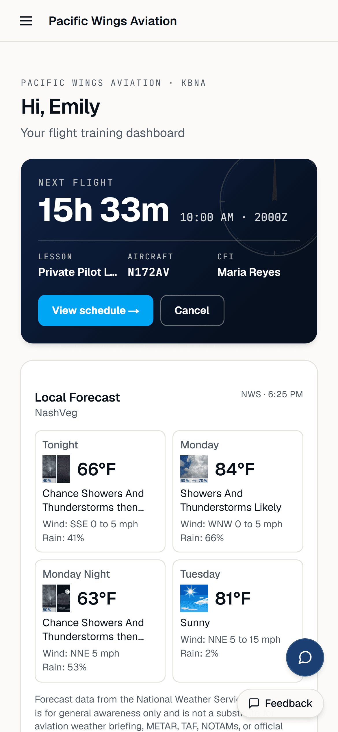 Student portal on a phone — next flight and account balance