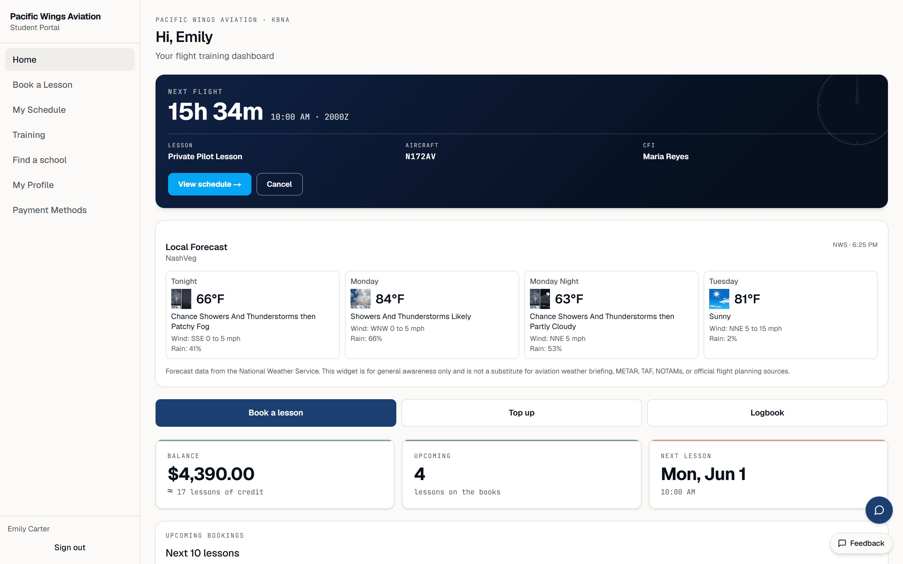 Av8Book student portal — next flight, account balance, and lessons on the books